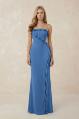 Strapless Ruffled Sheath Bridesmaid Dress in Dusty Blue - KISS BRIDAL Bridesmaid Dresses