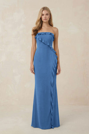 Strapless Ruffled Sheath Bridesmaid Dress in Dusty Blue - KISS BRIDAL Bridesmaid Dresses