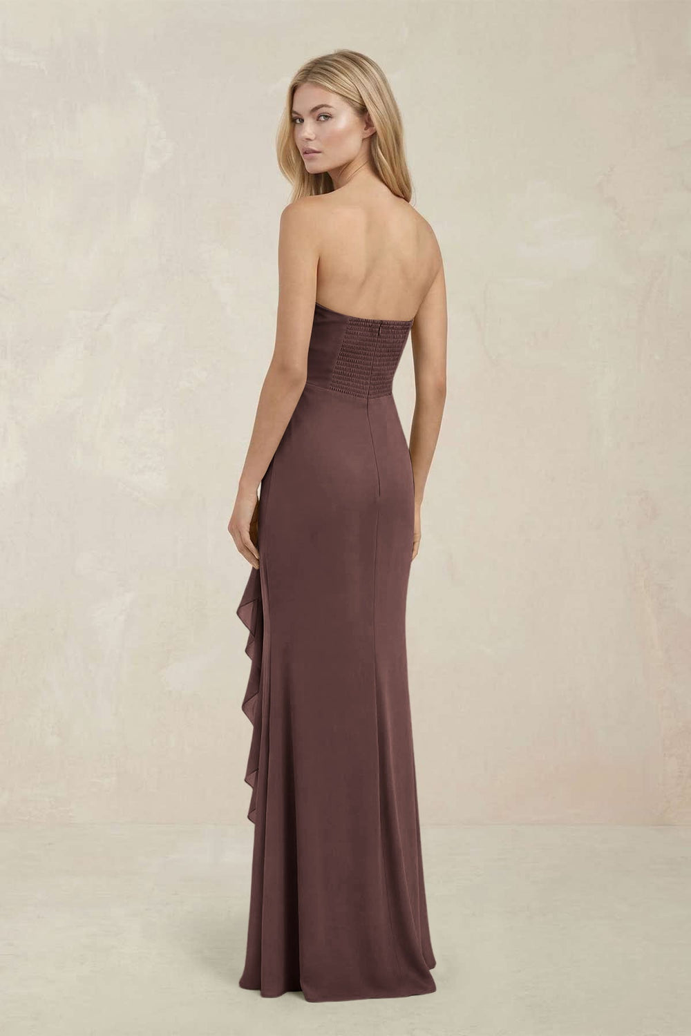 Strapless Ruffled Sheath Bridesmaid Dress in Espresso - KISS BRIDAL Bridesmaid Dresses