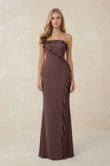 Strapless Ruffled Sheath Bridesmaid Dress in Espresso - KISS BRIDAL Bridesmaid Dresses