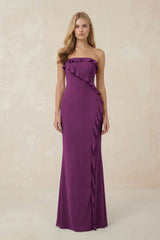 Strapless Ruffled Sheath Bridesmaid Dress in Fig - KISS BRIDAL Bridesmaid Dresses