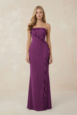 Strapless Ruffled Sheath Bridesmaid Dress in Fig - KISS BRIDAL Bridesmaid Dresses