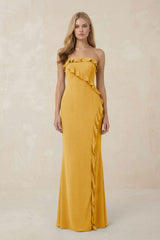Strapless Ruffled Sheath Bridesmaid Dress in Gold - KISS BRIDAL Bridesmaid Dresses