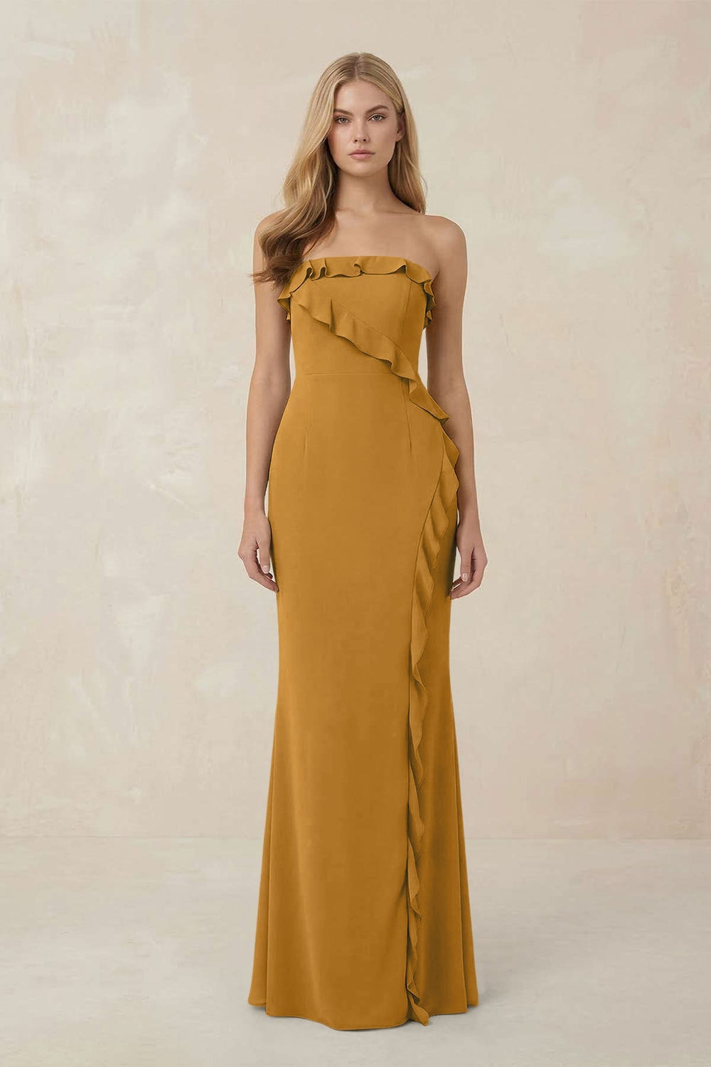 Strapless Ruffled Sheath Bridesmaid Dress in Marigold - KISS BRIDAL Bridesmaid Dresses