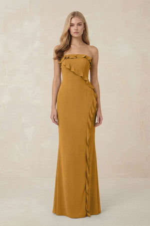 Strapless Ruffled Sheath Bridesmaid Dress in Marigold - KISS BRIDAL Bridesmaid Dresses