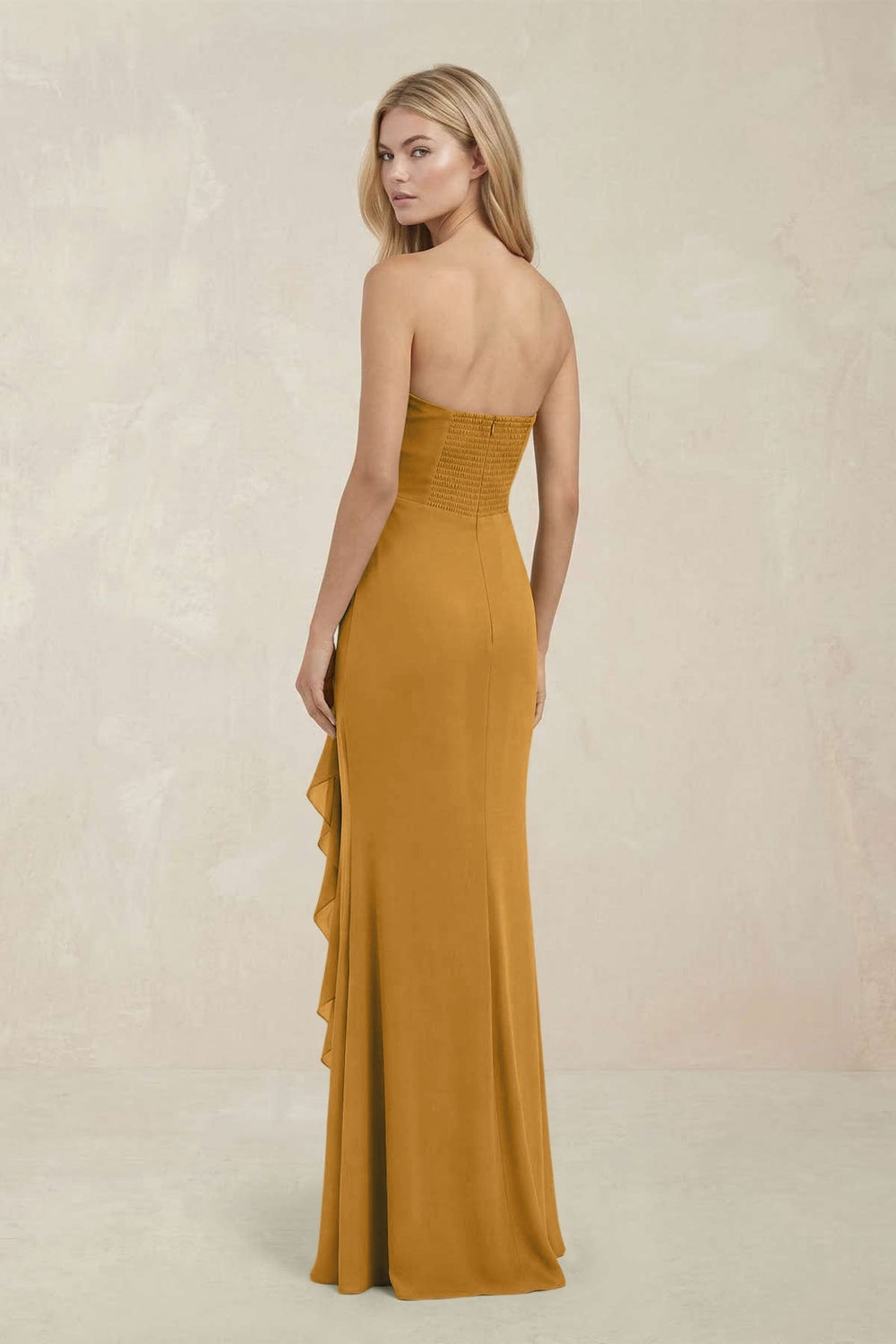 Strapless Ruffled Sheath Bridesmaid Dress in Marigold - KISS BRIDAL Bridesmaid Dresses