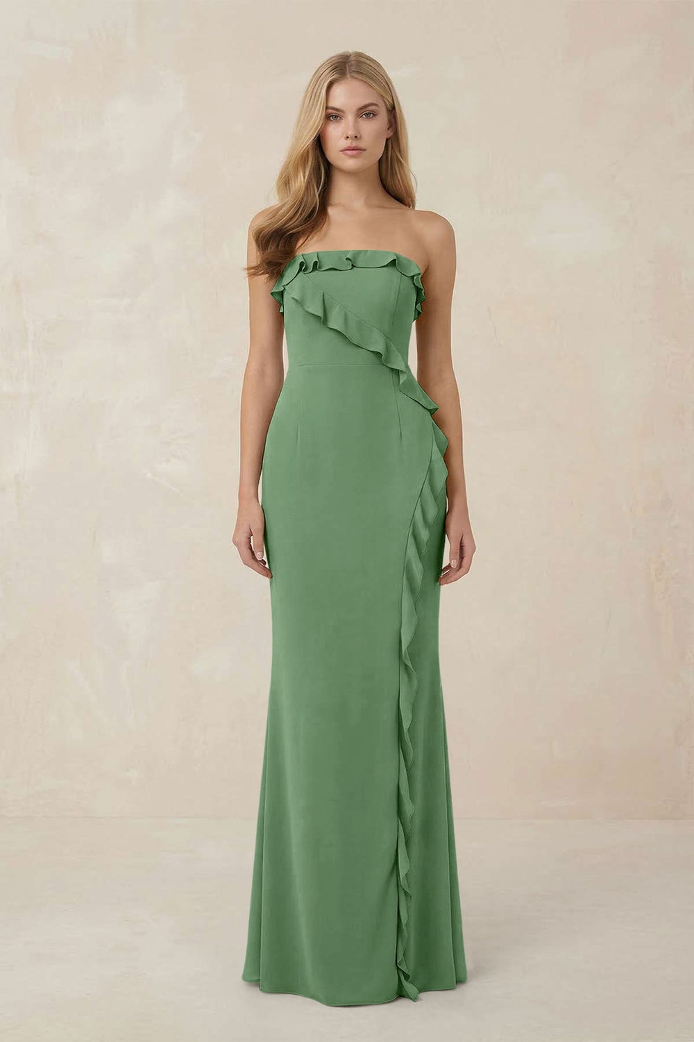 Strapless Ruffled Sheath Bridesmaid Dress in Matcha - KISS BRIDAL Bridesmaid Dresses