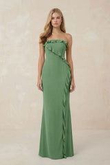 Strapless Ruffled Sheath Bridesmaid Dress in Matcha - KISS BRIDAL Bridesmaid Dresses