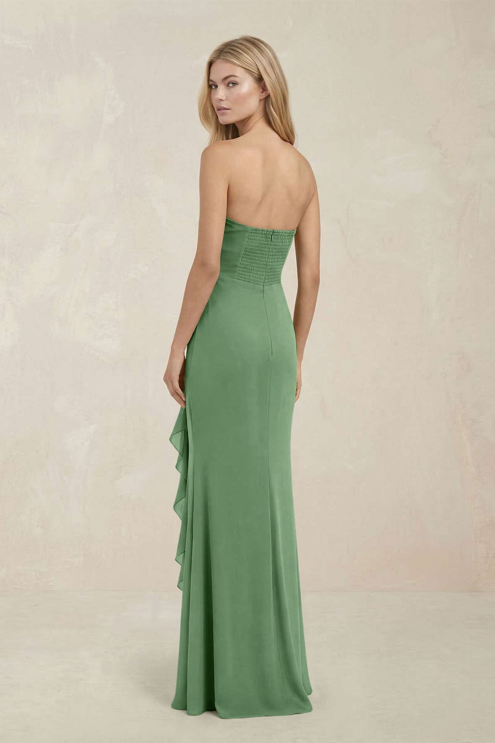 Strapless Ruffled Sheath Bridesmaid Dress in Matcha - KISS BRIDAL Bridesmaid Dresses
