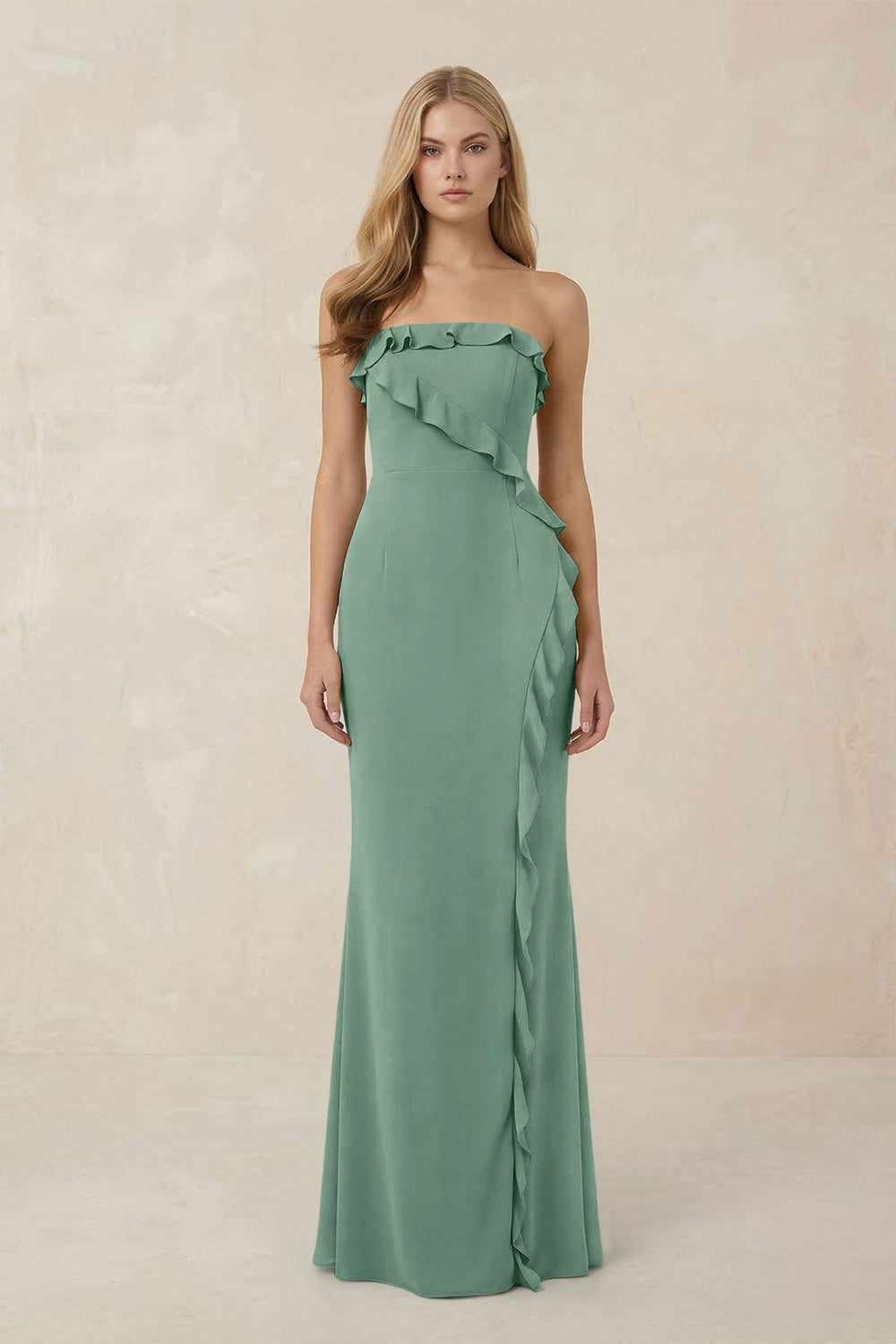 Strapless Ruffled Sheath Bridesmaid Dress in Mint Green - KISS BRIDAL Bridesmaid Dresses