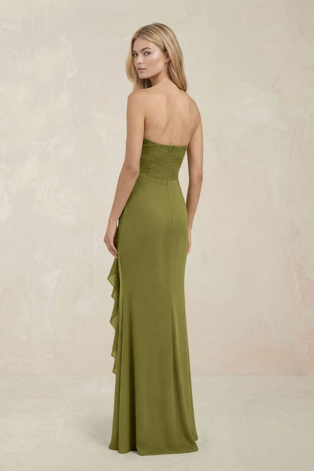 Strapless Ruffled Sheath Bridesmaid Dress in Moss Green - KISS BRIDAL Bridesmaid Dresses