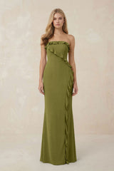 Strapless Ruffled Sheath Bridesmaid Dress in Moss Green - KISS BRIDAL Bridesmaid Dresses