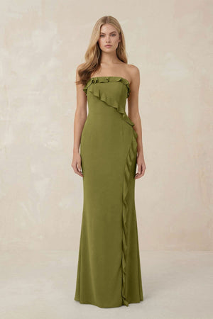 Strapless Ruffled Sheath Bridesmaid Dress in Moss Green - KISS BRIDAL Bridesmaid Dresses