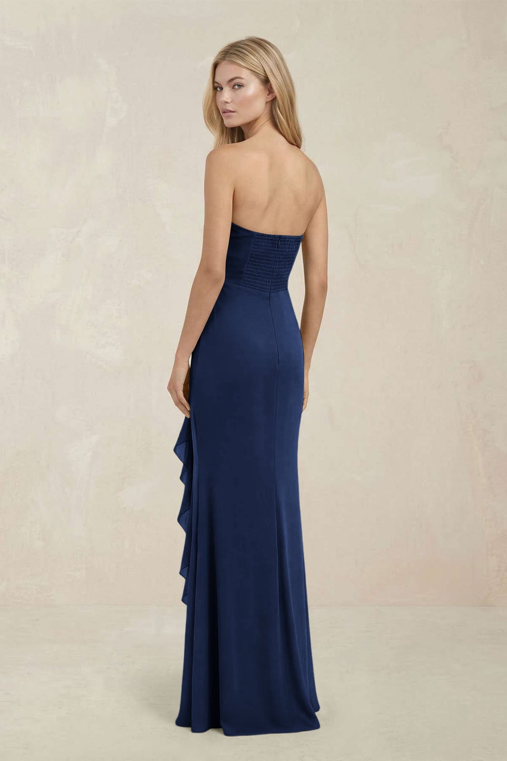 Strapless Ruffled Sheath Bridesmaid Dress in Navy - KISS BRIDAL Bridesmaid Dresses