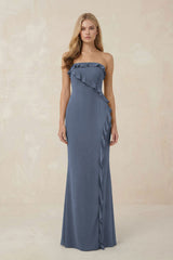Strapless Ruffled Sheath Bridesmaid Dress in Neptune - KISS BRIDAL Bridesmaid Dresses