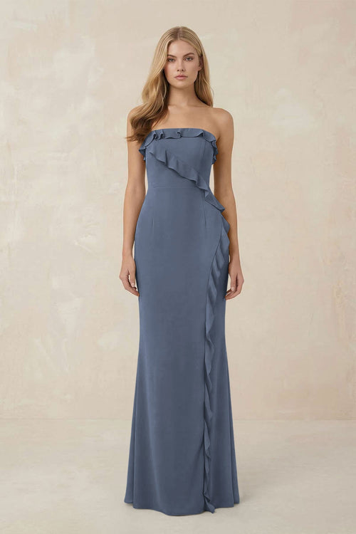 Strapless Ruffled Sheath Bridesmaid Dress in Neptune - KISS BRIDAL Bridesmaid Dresses