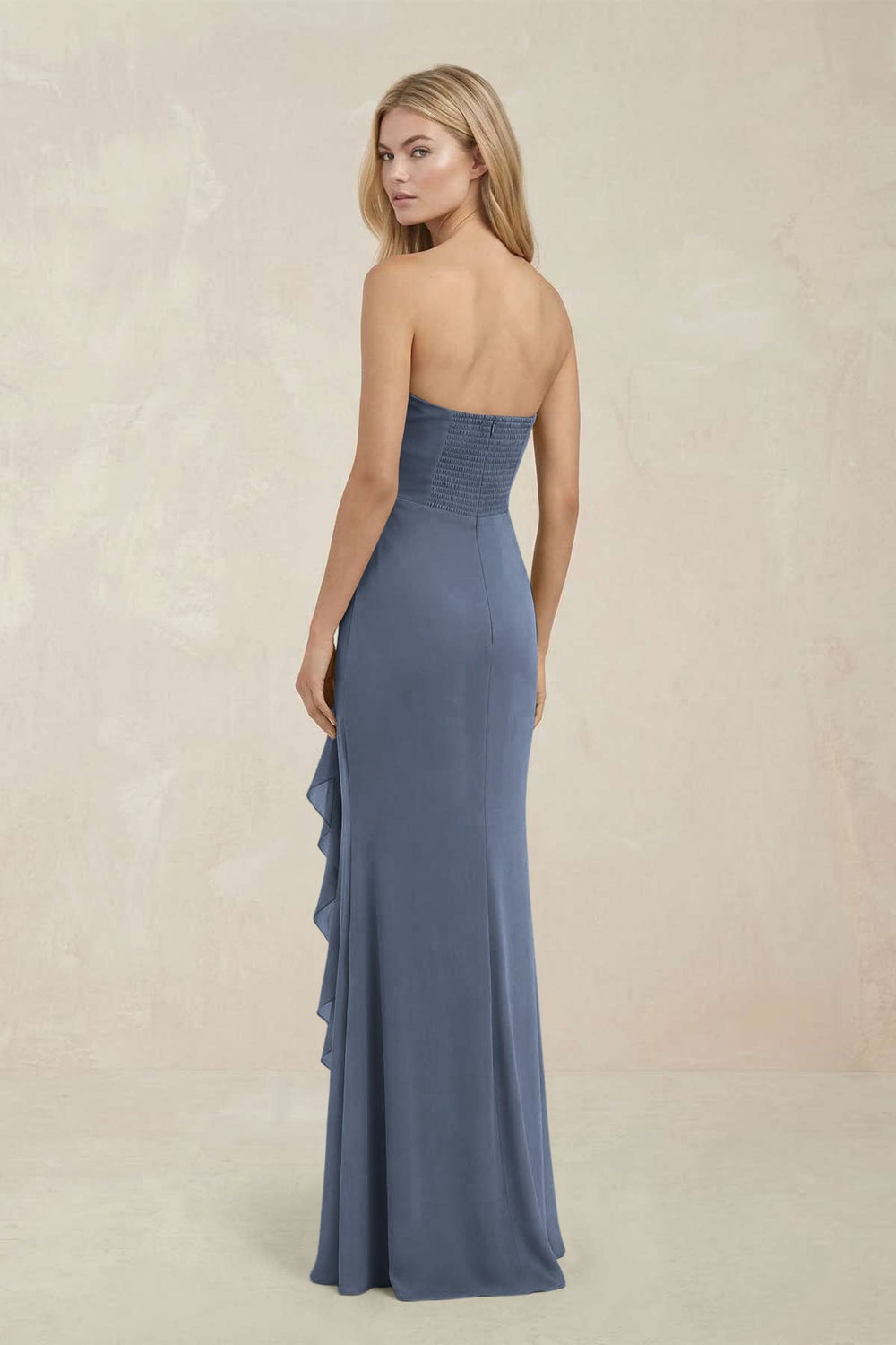 Strapless Ruffled Sheath Bridesmaid Dress in Neptune - KISS BRIDAL Bridesmaid Dresses