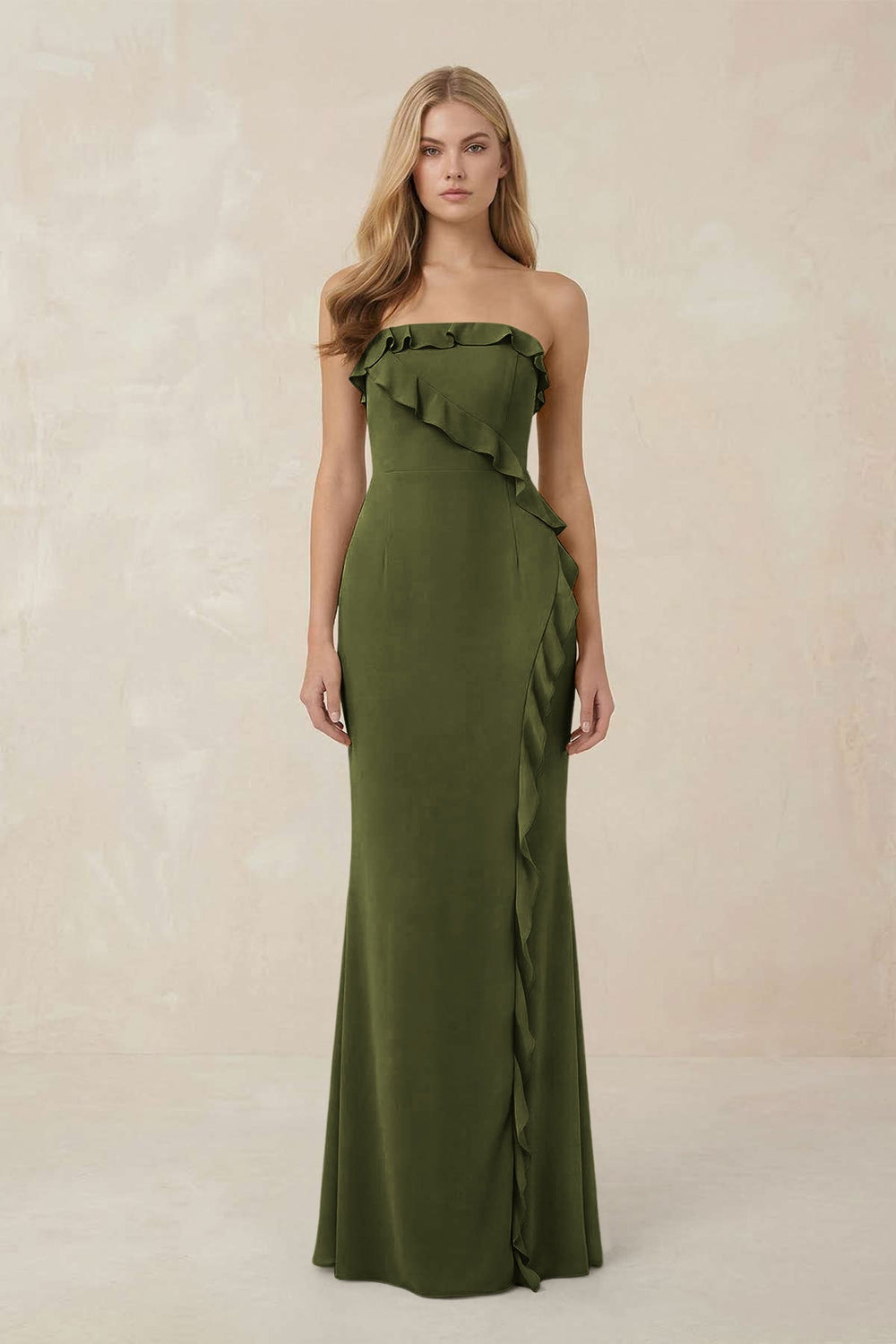 Strapless Ruffled Sheath Bridesmaid Dress in Olive - KISS BRIDAL Bridesmaid Dresses