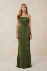 Strapless Ruffled Sheath Bridesmaid Dress in Olive - KISS BRIDAL Bridesmaid Dresses