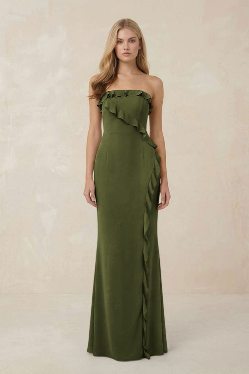 Strapless Ruffled Sheath Bridesmaid Dress in Olive - KISS BRIDAL Bridesmaid Dresses