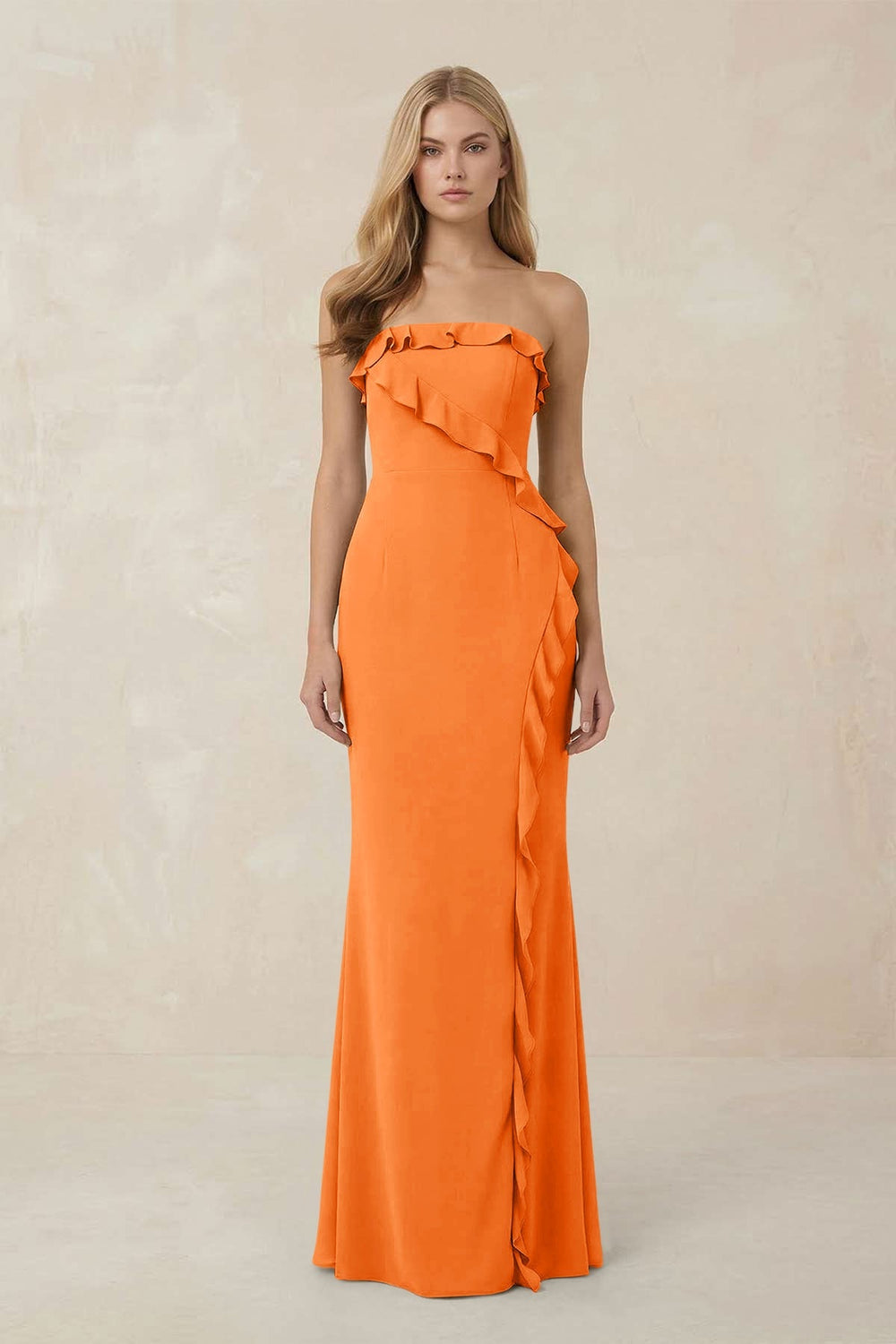 Strapless Ruffled Sheath Bridesmaid Dress in Orange - KISS BRIDAL Bridesmaid Dresses