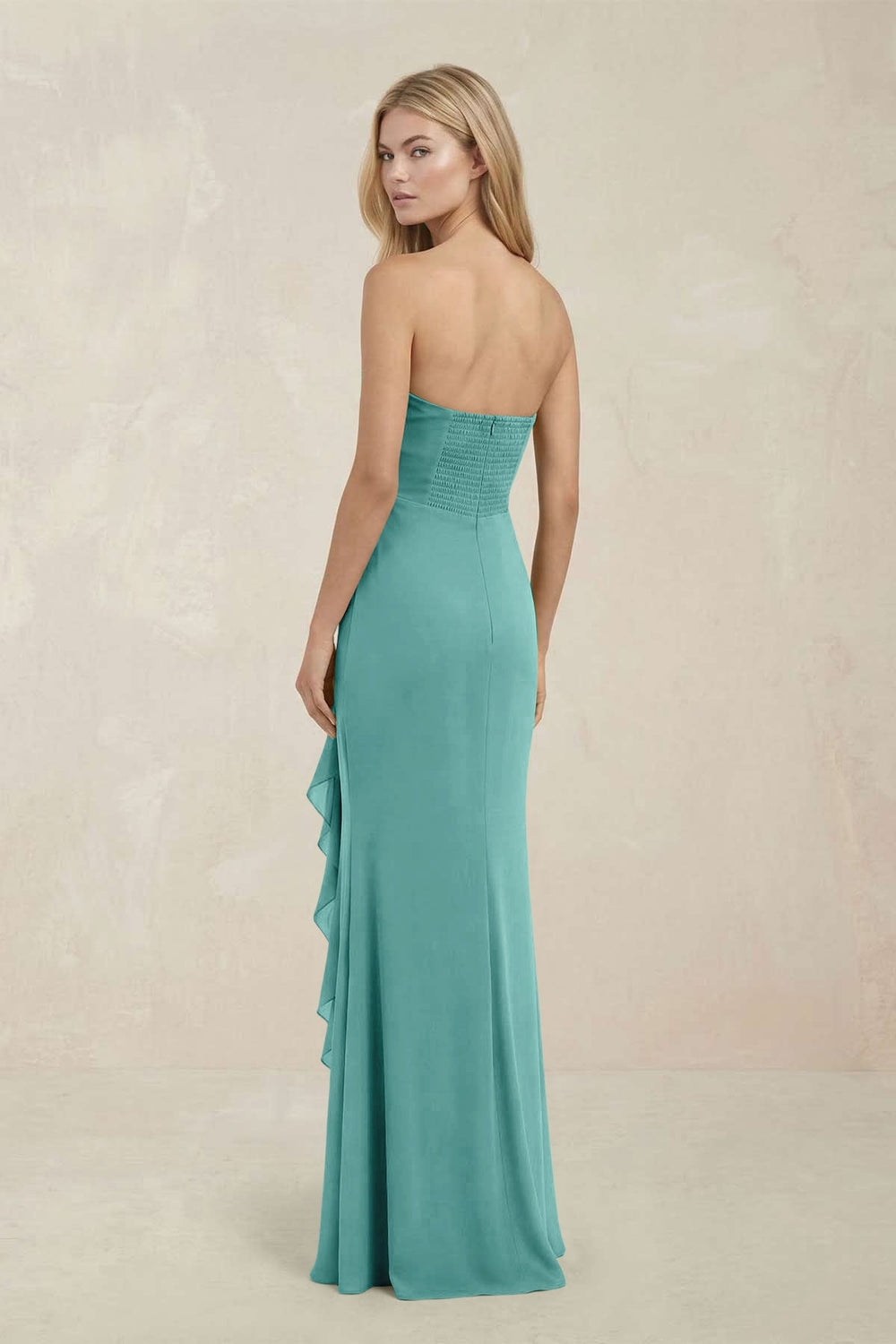 Strapless Ruffled Sheath Bridesmaid Dress in Pale Pistachio - KISS BRIDAL Bridesmaid Dresses