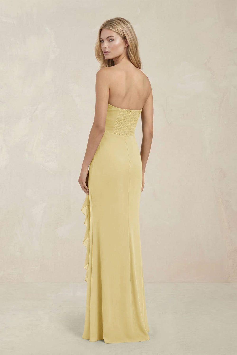 Strapless Ruffled Sheath Bridesmaid Dress in Pastel Yellow - KISS BRIDAL Bridesmaid Dresses
