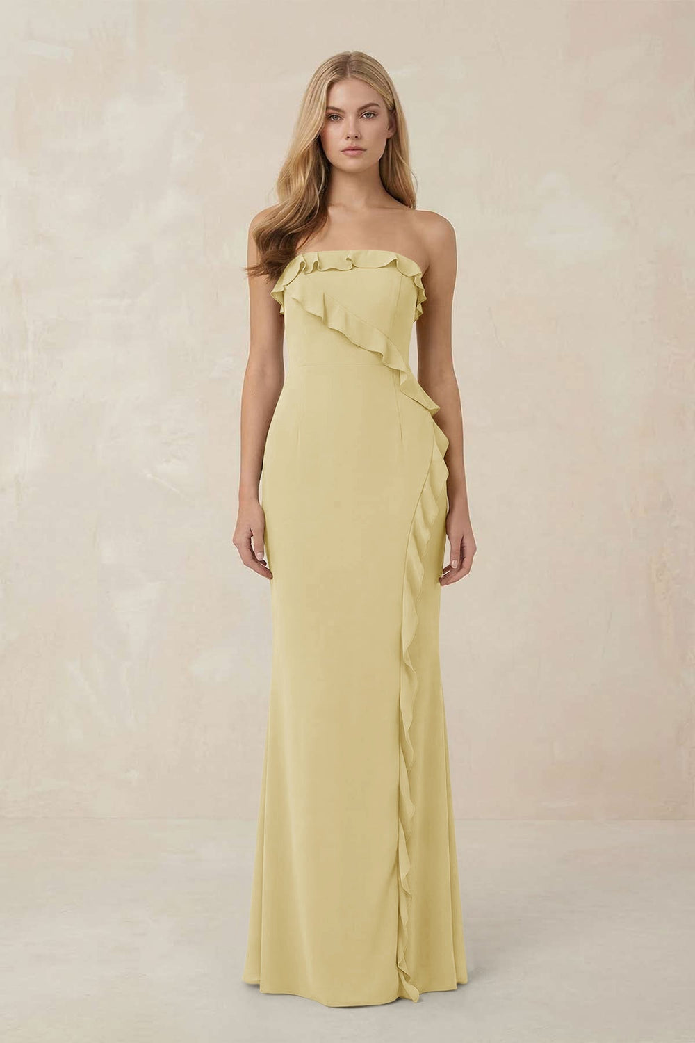 Strapless Ruffled Sheath Bridesmaid Dress in Pastel Yellow - KISS BRIDAL Bridesmaid Dresses