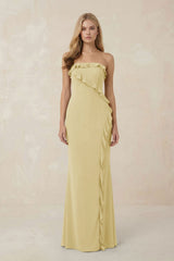 Strapless Ruffled Sheath Bridesmaid Dress in Pastel Yellow - KISS BRIDAL Bridesmaid Dresses