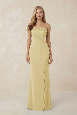 Strapless Ruffled Sheath Bridesmaid Dress in Pastel Yellow - KISS BRIDAL Bridesmaid Dresses