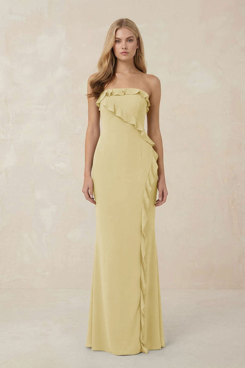 Strapless Ruffled Sheath Bridesmaid Dress in Pastel Yellow - KISS BRIDAL Bridesmaid Dresses
