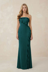 Strapless Ruffled Sheath Bridesmaid Dress in Pine - KISS BRIDAL Bridesmaid Dresses