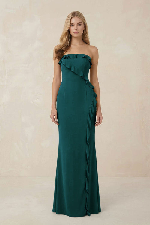 Strapless Ruffled Sheath Bridesmaid Dress in Pine - KISS BRIDAL Bridesmaid Dresses