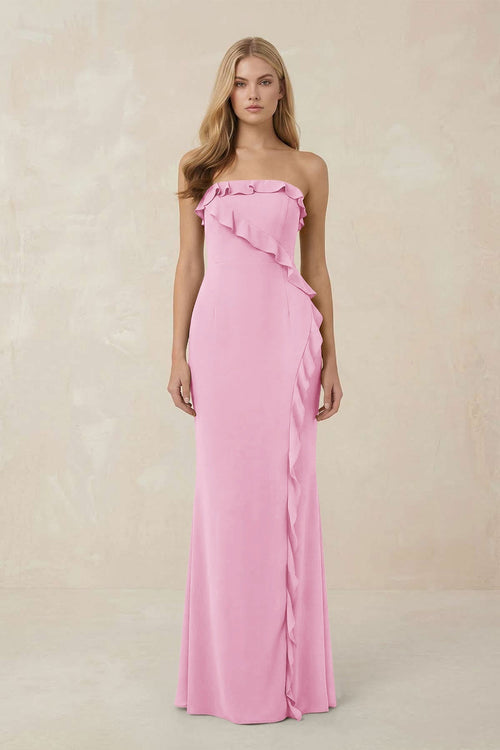Strapless Ruffled Sheath Bridesmaid Dress in Pink - KISS BRIDAL Bridesmaid Dresses
