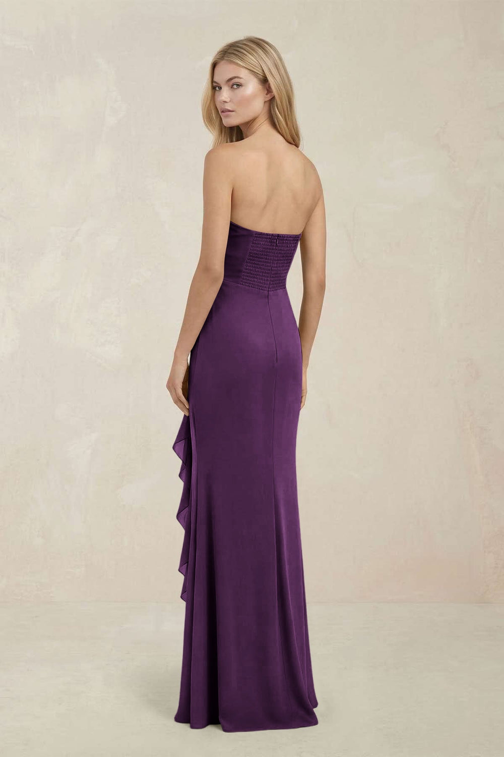 Strapless Ruffled Sheath Bridesmaid Dress in Plum - KISS BRIDAL Bridesmaid Dresses