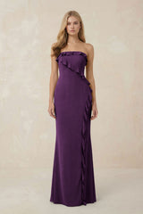 Strapless Ruffled Sheath Bridesmaid Dress in Plum - KISS BRIDAL Bridesmaid Dresses