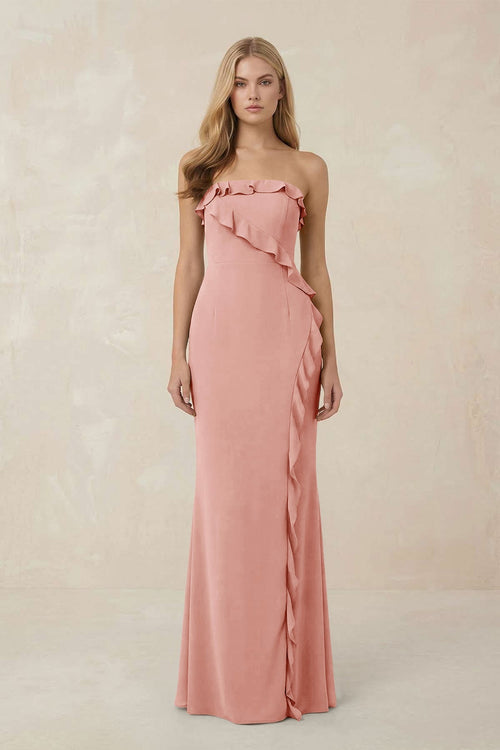 Strapless Ruffled Sheath Bridesmaid Dress in Rose Petal - KISS BRIDAL Bridesmaid Dresses