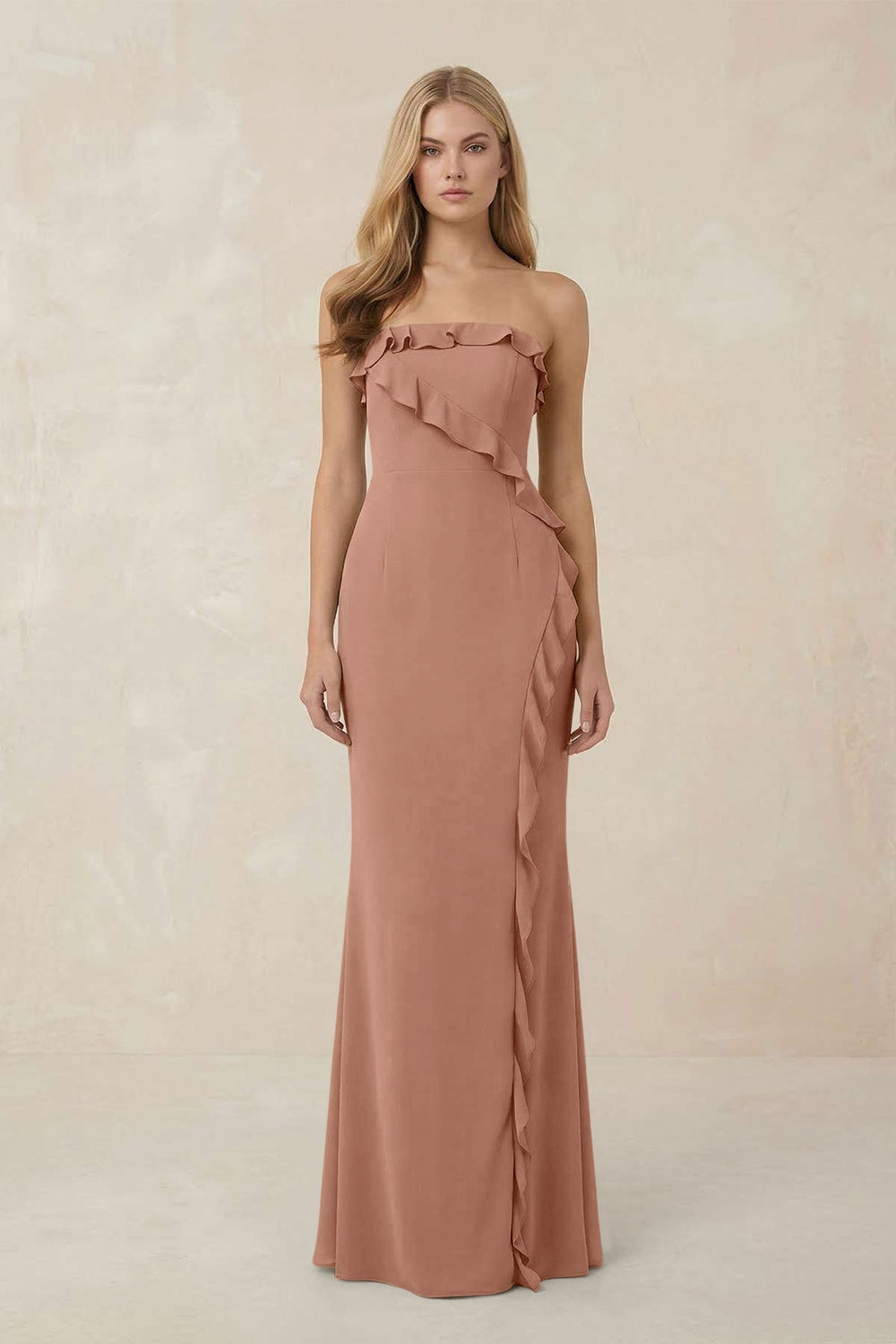 Strapless Ruffled Sheath Bridesmaid Dress in Rosette - KISS BRIDAL Bridesmaid Dresses