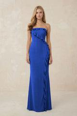 Strapless Ruffled Sheath Bridesmaid Dress in Royal Blue - KISS BRIDAL Bridesmaid Dresses