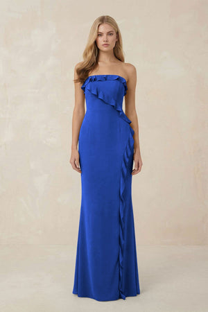 Strapless Ruffled Sheath Bridesmaid Dress in Royal Blue - KISS BRIDAL Bridesmaid Dresses