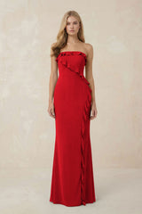 Strapless Ruffled Sheath Bridesmaid Dress in Ruby Red - KISS BRIDAL Bridesmaid Dresses