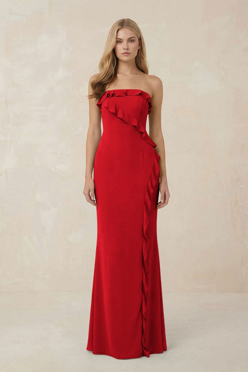 Strapless Ruffled Sheath Bridesmaid Dress in Ruby Red - KISS BRIDAL Bridesmaid Dresses