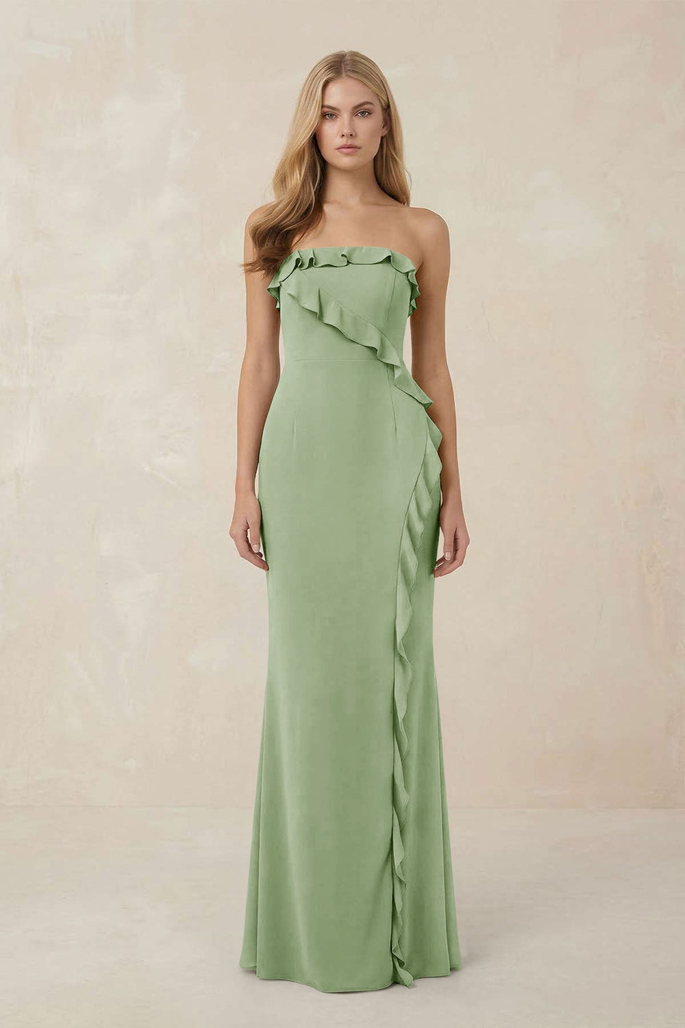Strapless Ruffled Sheath Bridesmaid Dress in Sage - KISS BRIDAL Bridesmaid Dresses