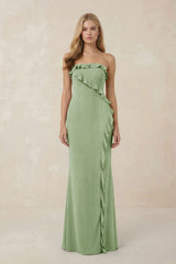 Strapless Ruffled Sheath Bridesmaid Dress in Sage - KISS BRIDAL Bridesmaid Dresses