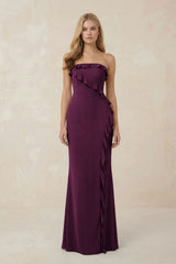 Strapless Ruffled Sheath Bridesmaid Dress in Sangria - KISS BRIDAL Bridesmaid Dresses