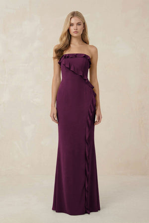 Strapless Ruffled Sheath Bridesmaid Dress in Sangria - KISS BRIDAL Bridesmaid Dresses