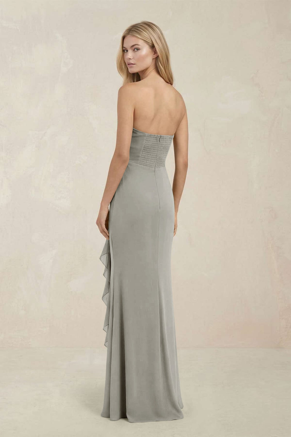 Strapless Ruffled Sheath Bridesmaid Dress in Silver - KISS BRIDAL Bridesmaid Dresses