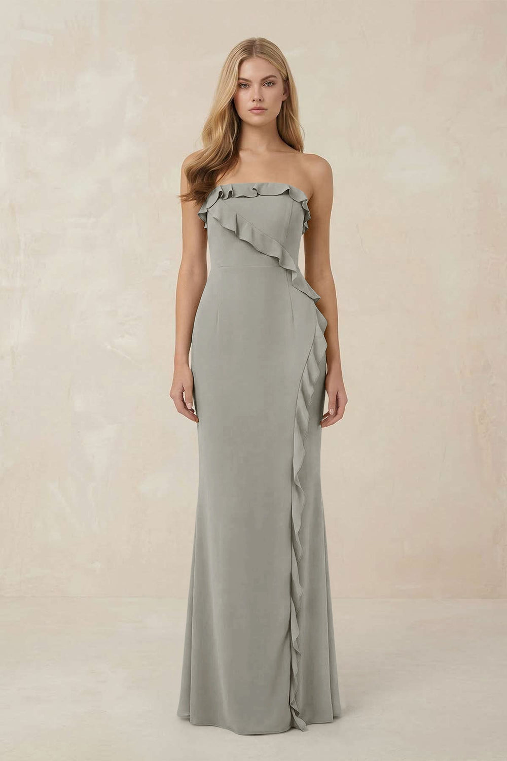 Strapless Ruffled Sheath Bridesmaid Dress in Silver - KISS BRIDAL Bridesmaid Dresses