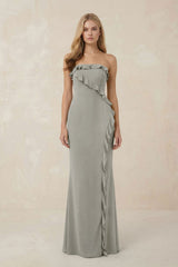 Strapless Ruffled Sheath Bridesmaid Dress in Silver - KISS BRIDAL Bridesmaid Dresses