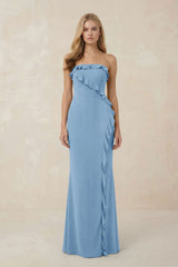 Strapless Ruffled Sheath Bridesmaid Dress in Sky Blue - KISS BRIDAL Bridesmaid Dresses